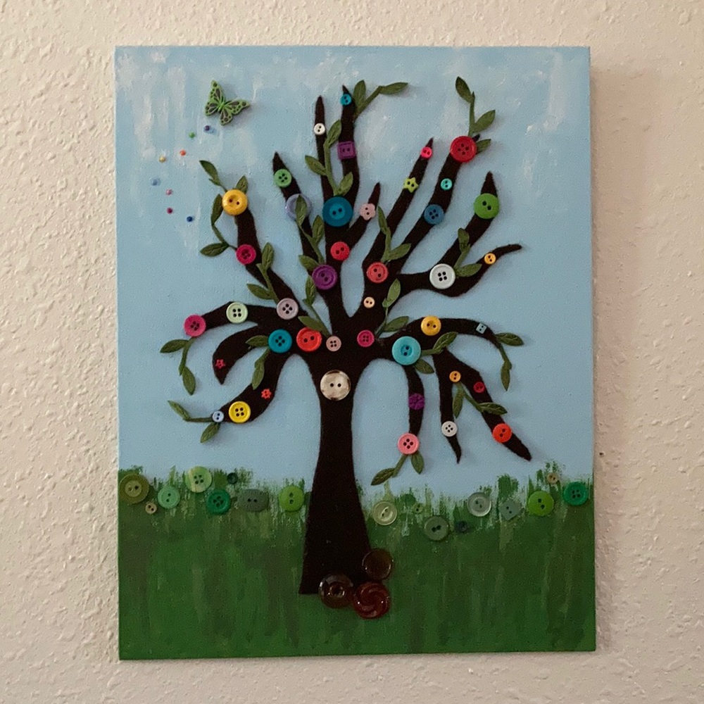 Hand Painted Custom Designed Button Tree, decorated with ribbon, gems, felt